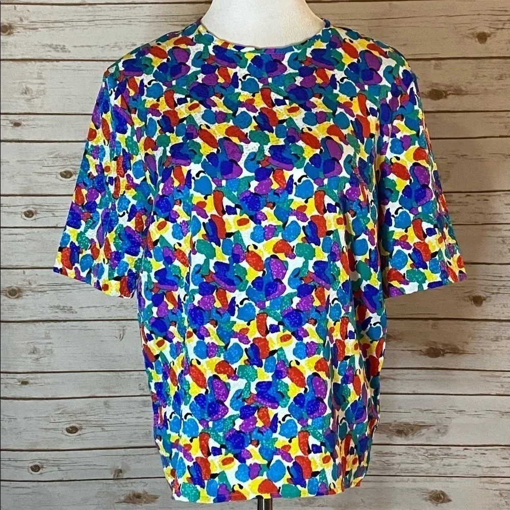 Vintage Talbots bright multicolored short sleeve blouse Size 12